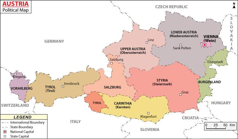 карта Аўстрыі палітычныя 